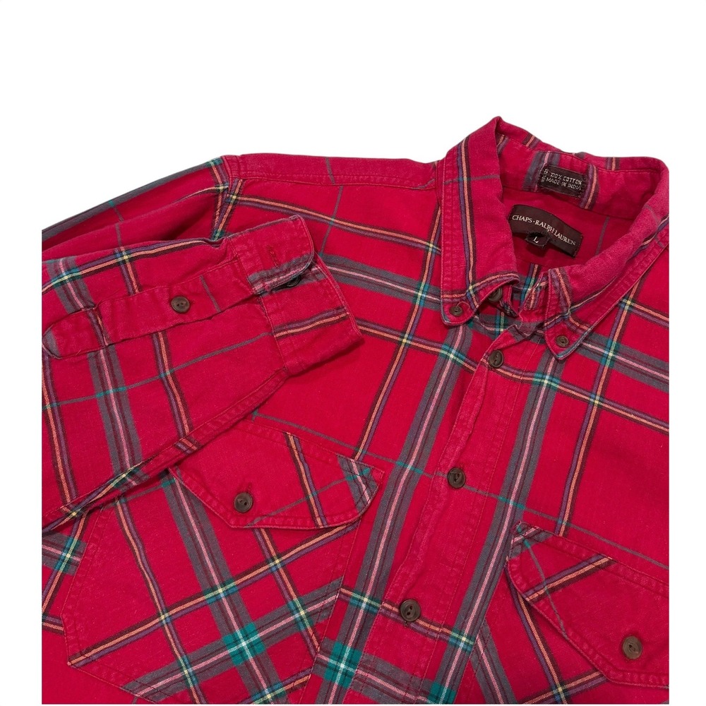 Vintage Chaps Ralph Lauren Mens Red Plaid Button Down Shirt Large Flannel